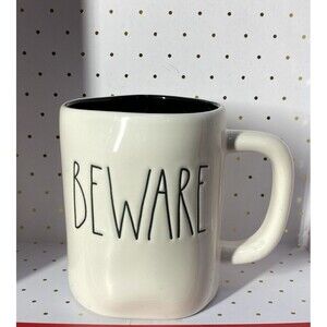 Rae Dunn Artisan Collection BEWARE Mug Cup White Black Interior Halloween Fall